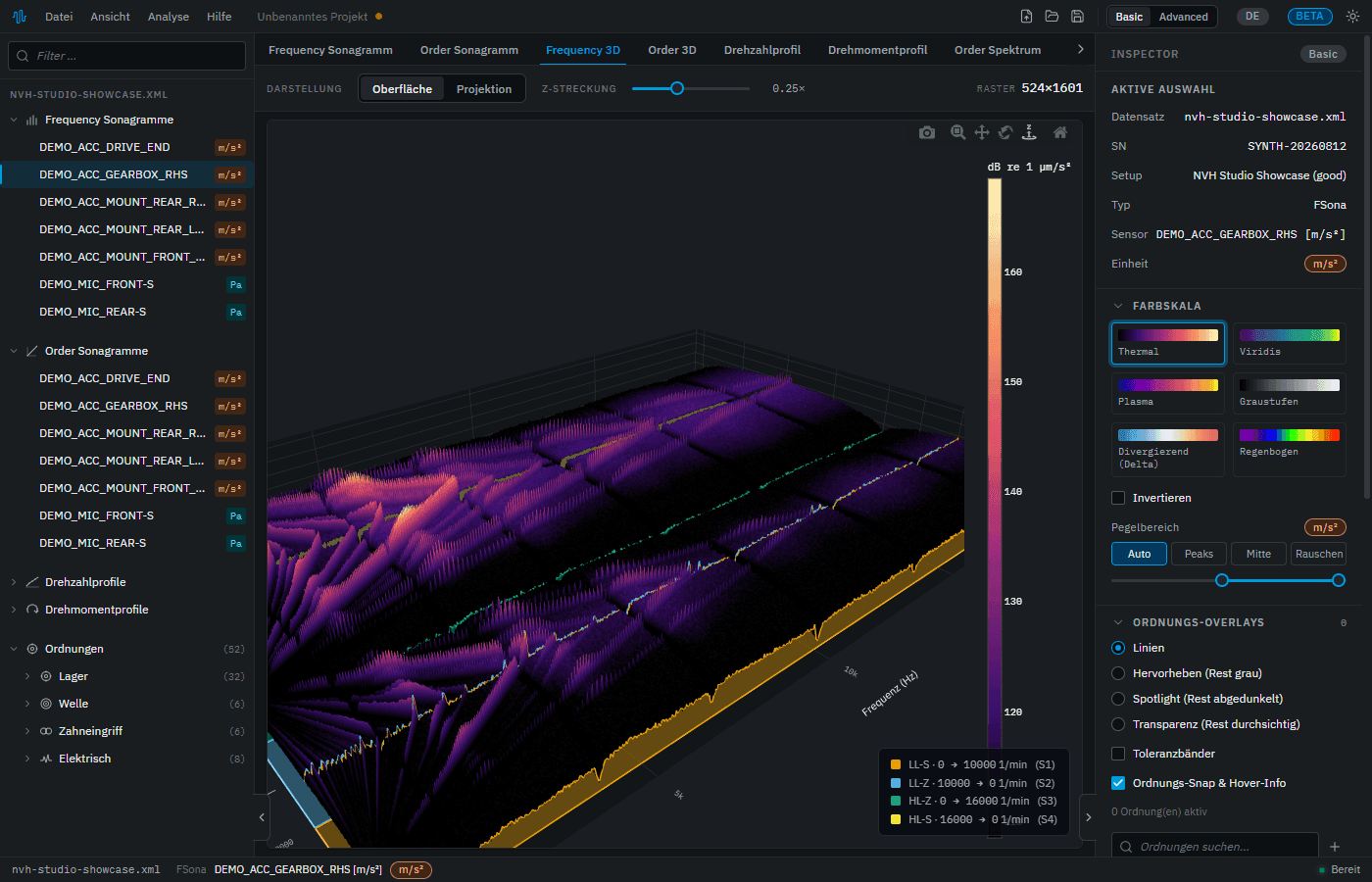 Screenshot NVH Studio – 3D-Frequenzansicht, gesamtes Anwendungsfenster